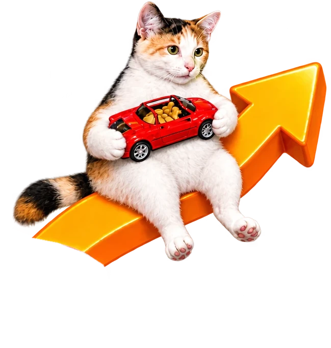 Cat sitting on an orange arrow holding a toy car