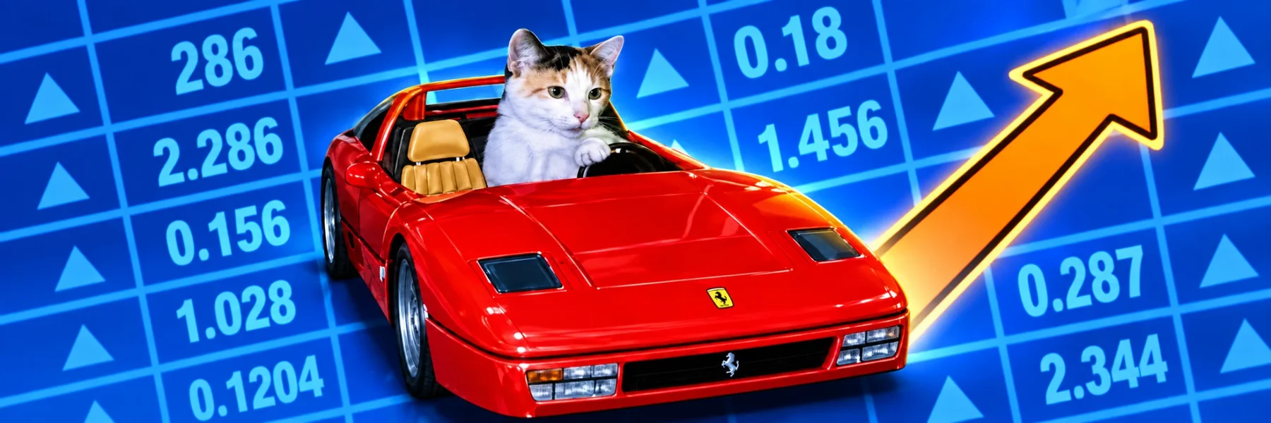 Rari Stunk the calico cat driving a red sports car through a stock board